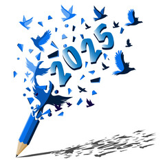 Happy new year 2025 and Blue pencil with birds freedom concept