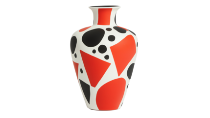 A vibrant vase featuring bold geometric patterns in red, black, and white colors.