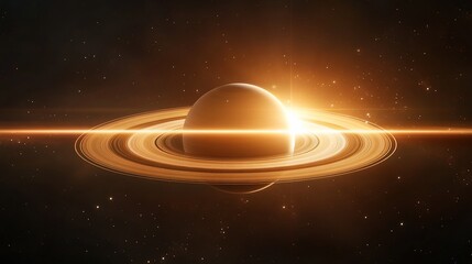 Glowing ringed planet in space.