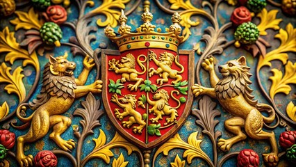 Obraz premium Medieval Heraldry: Lion Unicorn Coat of Arms Tilt-Shift Retro Woodblock