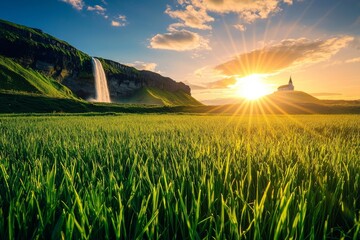 Dawn breaks over the renowned Kirkjufellsfoss Waterfall and Kirkjufell mountain in Iceland during summer.