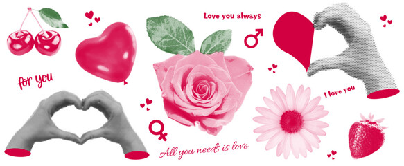 Halftone collage with elements in the form of hearts, roses, cherries, daisies, hands. Vector illustration of a vintage collage. Concept of relationship, love, romance, Valentines day.