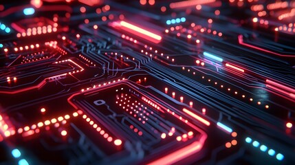 Fototapeta premium Close-up of a blue circuit board with spots, showcasing intricate circuitry and components essential for modern electronics