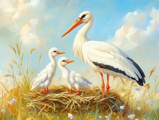  Stork bird family in nest with newborn baby.