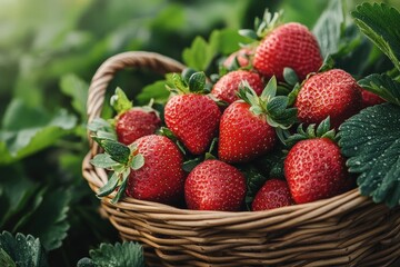 Close-up of a woven basket filled with red ripe strawberries surrounded by green leaves, showing freshness and natural detail