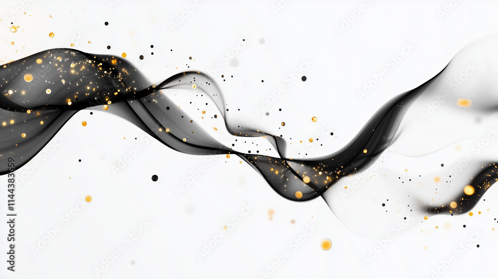 Poster elegant black and gold abstract design with flowing lines and shimmering particles