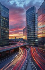Fototapeta premium In the La Defense business district of Paris, contemporary structures with glass fronts rise high on a sunny day, with rays of sunlight illuminating the blue sky, representing the concepts of