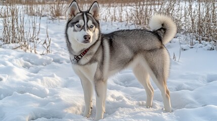 Naklejka premium Grey Siberian husky dog standing in snowy winter landscape.