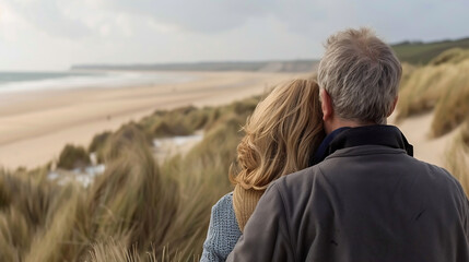 Happy couple hugging on winter beach