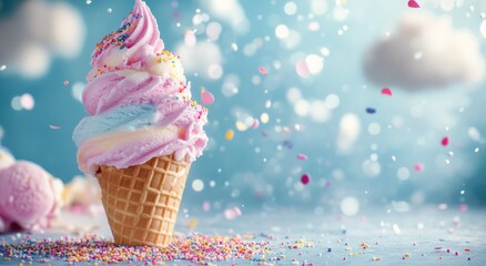 Colorful ice cream cone topped with whipped cream and sprinkles set against a dreamy blue background with fluffy