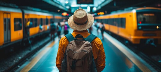 Fototapeta premium Traveler with yellow backpack waits on platform for train at busy urban station during late afternoon rush hour