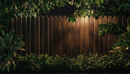 Fototapeta premium Nighttime Wooden Fence Surrounded By Lush Green Foliage