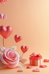 Romantic heart shapes and pink roses arranged creatively beside a gift box set against a soft peach background