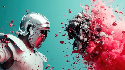 A warrior in full armor delivers an impactful punch, causing a dynamic explosion of debris and red dust. The teal background enhances the dramatic setting and action.