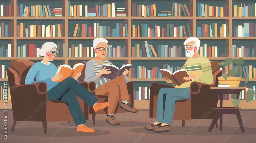 Leinwandbilder elderly individuals engaged in reading and studying in a cozy library environment during the afterno