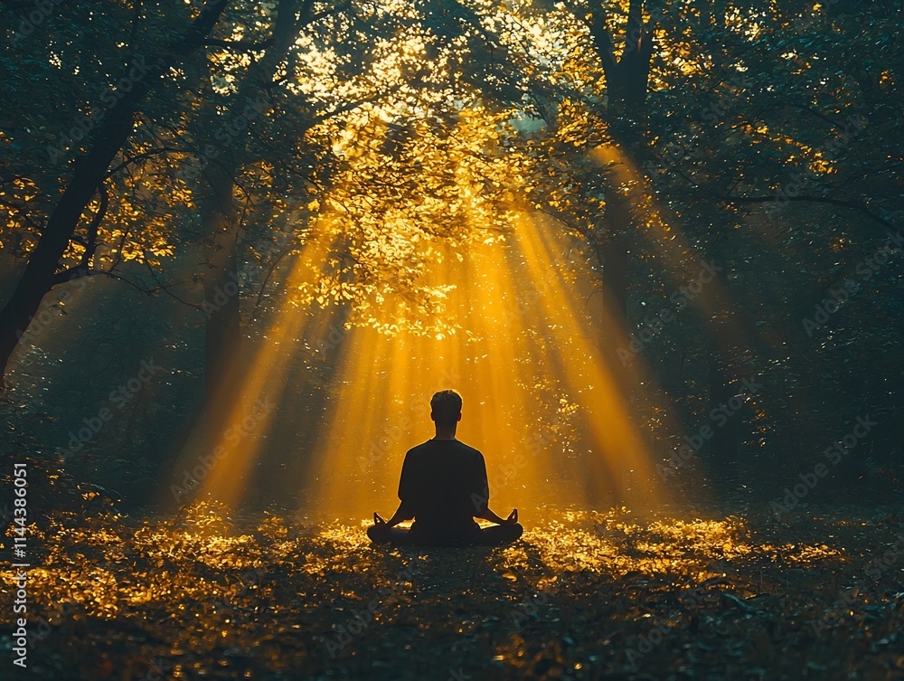 Poster man meditating in serene forest with sunlight beams filtering through trees