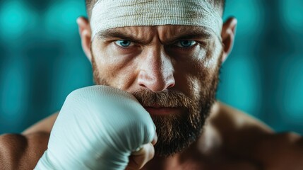 A determined male boxer stares intensely with a wrapped hand, showcasing focus and readiness in the ring, expressing strong willpower and resilience.