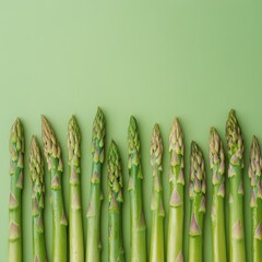 Fresh asparagus lined up on a green background showcasing their vibrant color and unique shape in an appealing