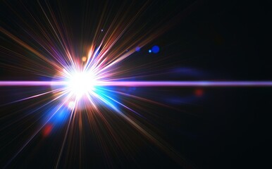 Obraz premium Lens flare light creates a sunburst effect on a black background, allowing for easy photo overlays or screen filters.