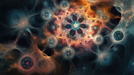 Abstract portrayal of virus replication shown as an artistic fractal, viruses, molecular replication concept 