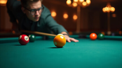 A green table with American pool and a blurry cue shooter