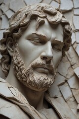 Close-Up of a Bearded Male Sculpture Reflecting the Tragic Beauty of Cracked Porcelain Surface