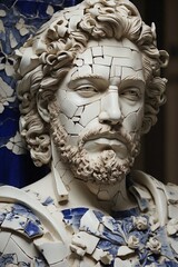 Close-Up of a Bearded Male Sculpture Reflecting the Tragic Beauty of Cracked Porcelain Surface