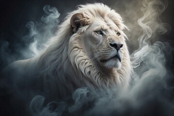 Close-up of a White Lion Majestically Standing in Smoke, with White Highlights