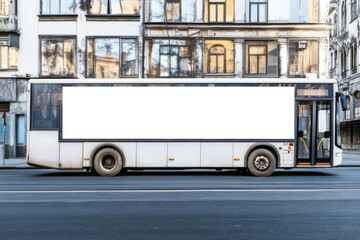 side view of the bus in the street with white mockup placment for branding or advertising 