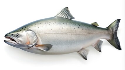 AI-crafted salmon leaps; elegant rule-of-thirds composition on a pristine white canvas.