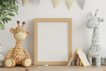 Square nursery art frame mockup, empty wooden frame on shelf in kids room interior. 