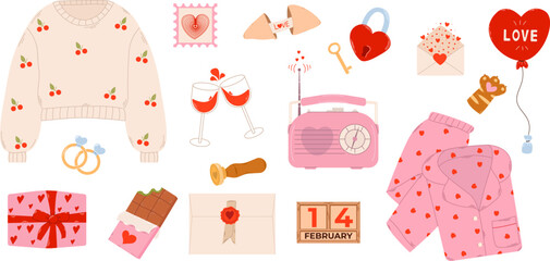 Cute set of romantic elements for Valentine's Day. Scrapbooking elements for Valentine's Day heart, prediction cookies, gift, Dubai chocolate, pajamas, love envelope. Vector illustrations 
