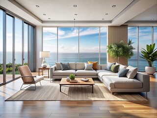 Minimalist Ocean View Home Interior Design: Large Windows, Coastal Living Room