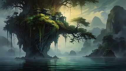 Here are a few options for a description of the AI-generated image, all under 200 characters:...**Option 1 (Focus on mystery):**..> Mystical treetop village nestled in a misty, tra