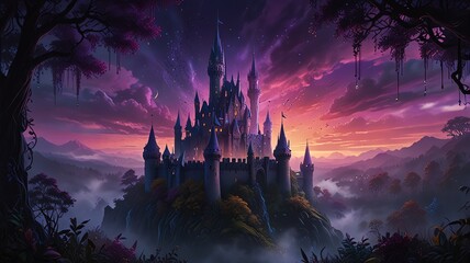 Naklejka premium Here are a few options for a description of the AI-generated image, under 200 characters:..**Option 1 (Focus on fantasy):**..> Majestic fantasy castle perched atop a misty mountain