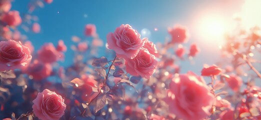 Vibrant pink roses bloom under a bright sun in a tranquil garden during a sunny afternoon in spring showcasing