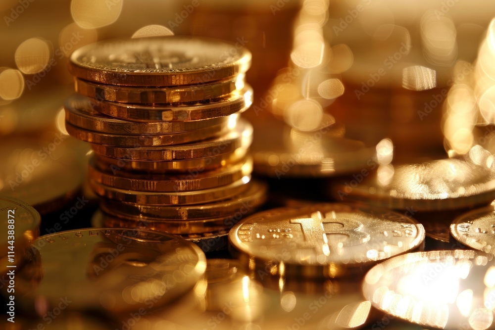Aufkleber stack of golden bitcoins is standing on a blurry background with bokeh, suggesting increasing value