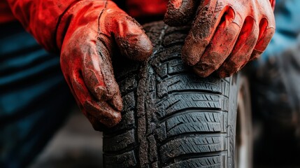 A close-up image shows hands wearing red gloves gripping a tire covered in mud, emphasizing the rugged and industrious nature of manual labor and craftsmanship.