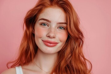 Naklejka premium Portrait of cheerful ginger girl in good mood on pink background