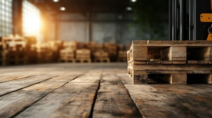 A wooden pallet is positioned on a brightly lit warehouse floor with sunlight streaming in, highlighting the raw materials and the natural beauty of the setting.