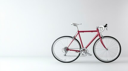 Obraz premium A sleek red bicycle stands against a minimalist white background, showcasing its modern design and streamlined features.