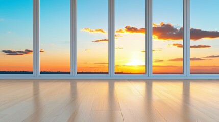 Sunset view through large windows with wooden floor.