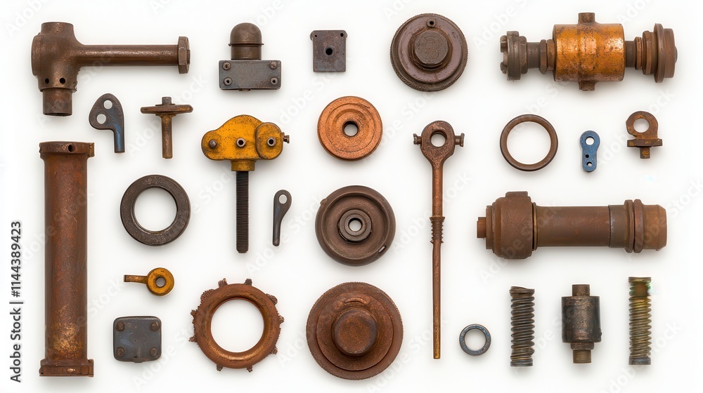 Poster a collection of various rusted mechanical parts and hardware, showcasing an assortment of shapes and