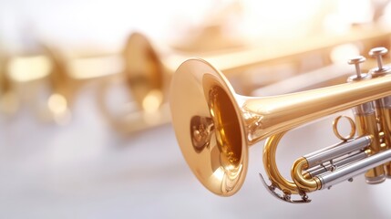 Obraz premium A close-up of shiny brass trumpets, showcasing their polished surfaces and intricate details, set against a soft, blurred background.