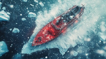 Fototapeta premium Icebreaker ship navigating through icy waters, surrounded by large icebergs and snow, creating waves under harsh