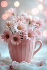 Beautiful arrangement of pink and white daisies in a pink cup on a soft background with blurred lights creating