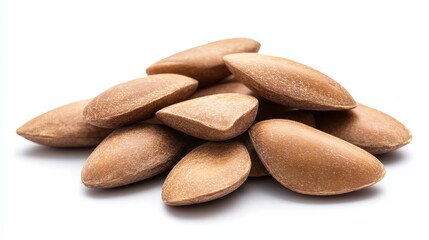 Fototapeta premium Brazil Nuts: A small pile of whole Brazil nuts with smooth, light brown shells, isolated against a white background. 