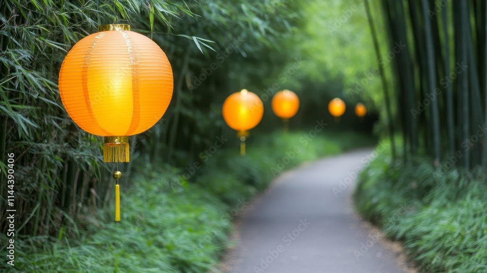 Poster a serene path lined with glowing orange lanterns amidst lush green bamboo, creating a tranquil and i