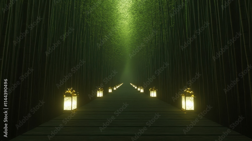 Poster a serene bamboo pathway illuminated by glowing lanterns, creating a tranquil and mystical atmosphere