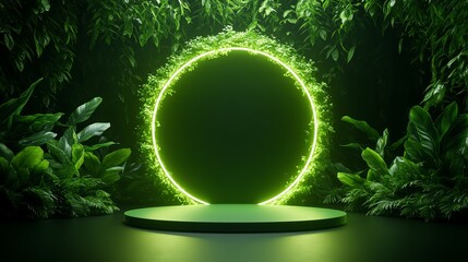 Glowing green circle in lush foliage background.